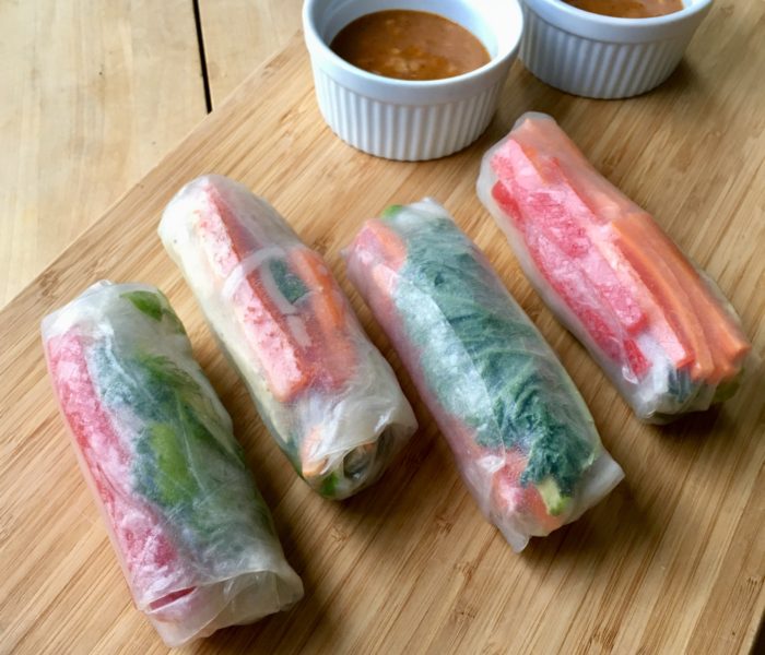 Spring Rolls with Chicken, Veggies and Chili Peanut Sauce