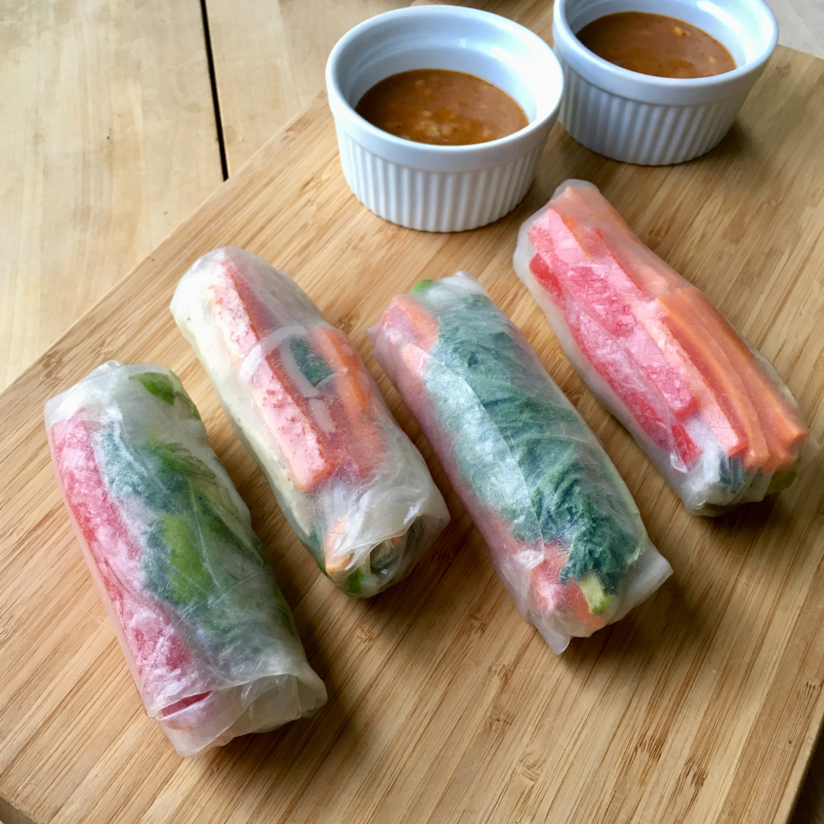 Spring Rolls with Chicken, Veggies and Chili Peanut Sauce