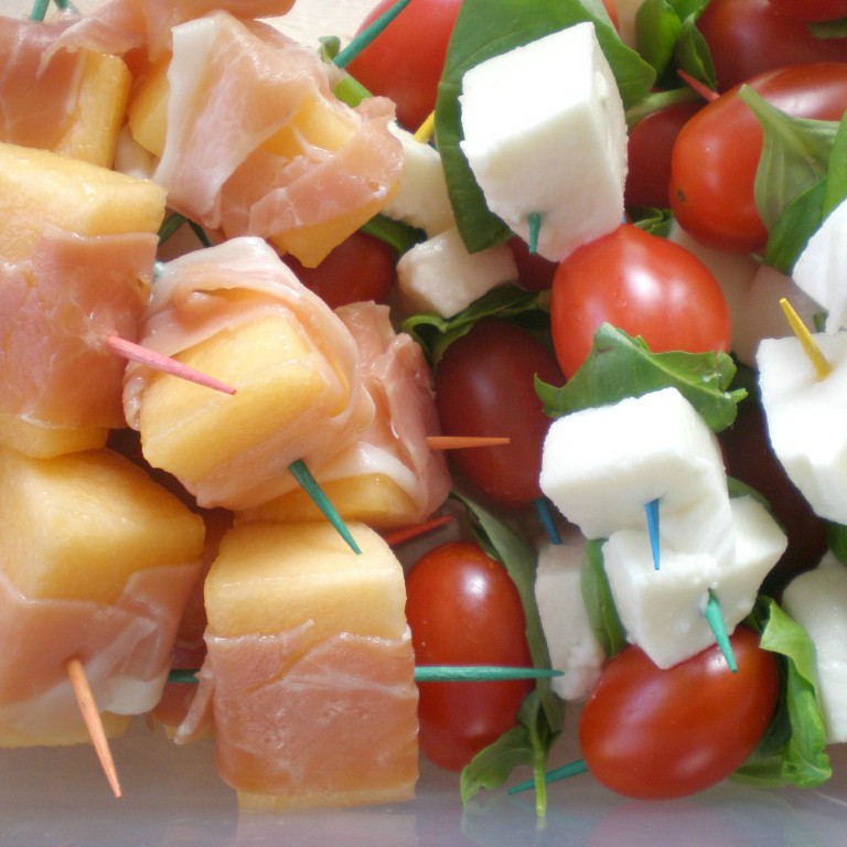 Caprese & Proscuitto Wrapped Melon Skewers