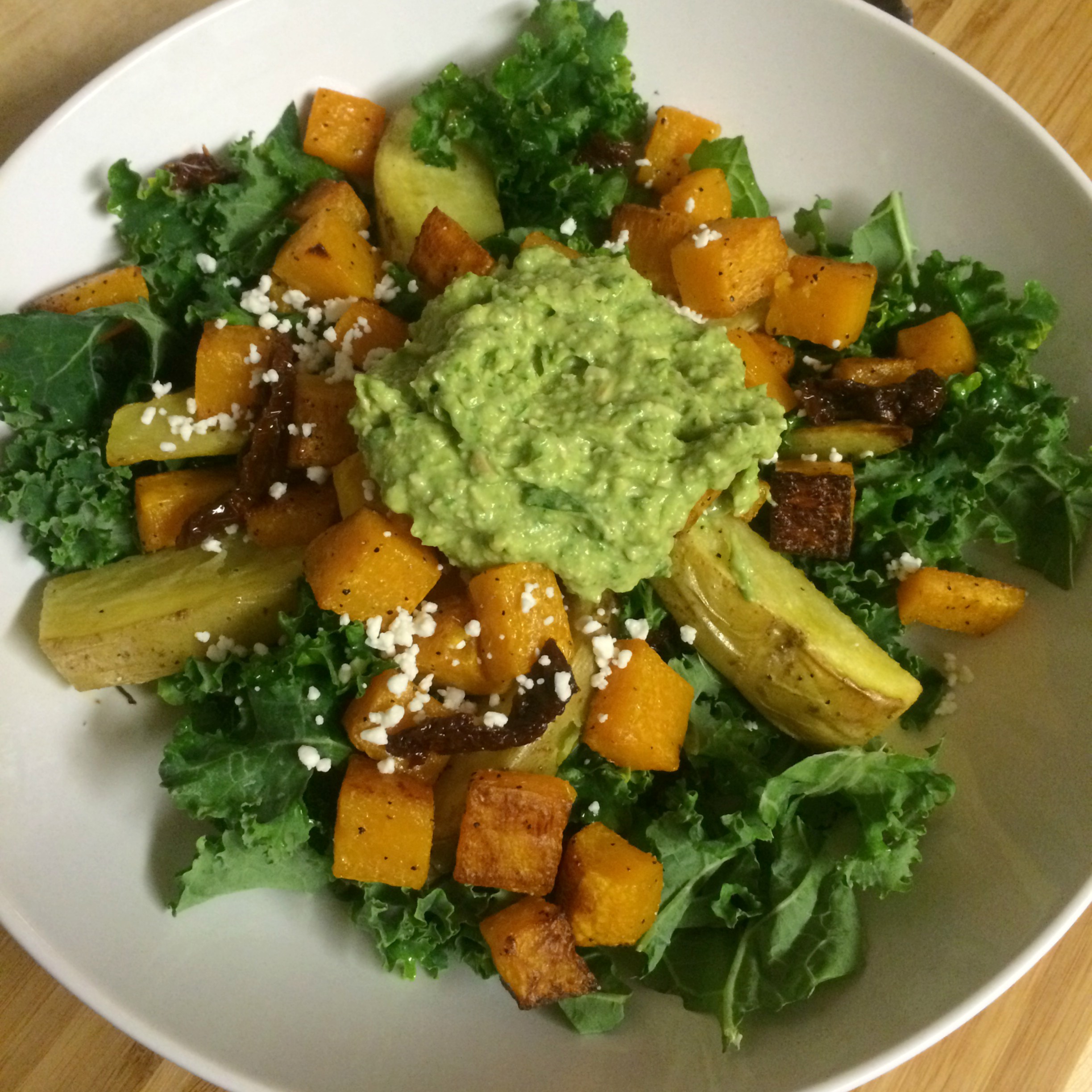 Kale Salad with Butternut Squash, Potatoes, and Vegan Green Goddess Dressing