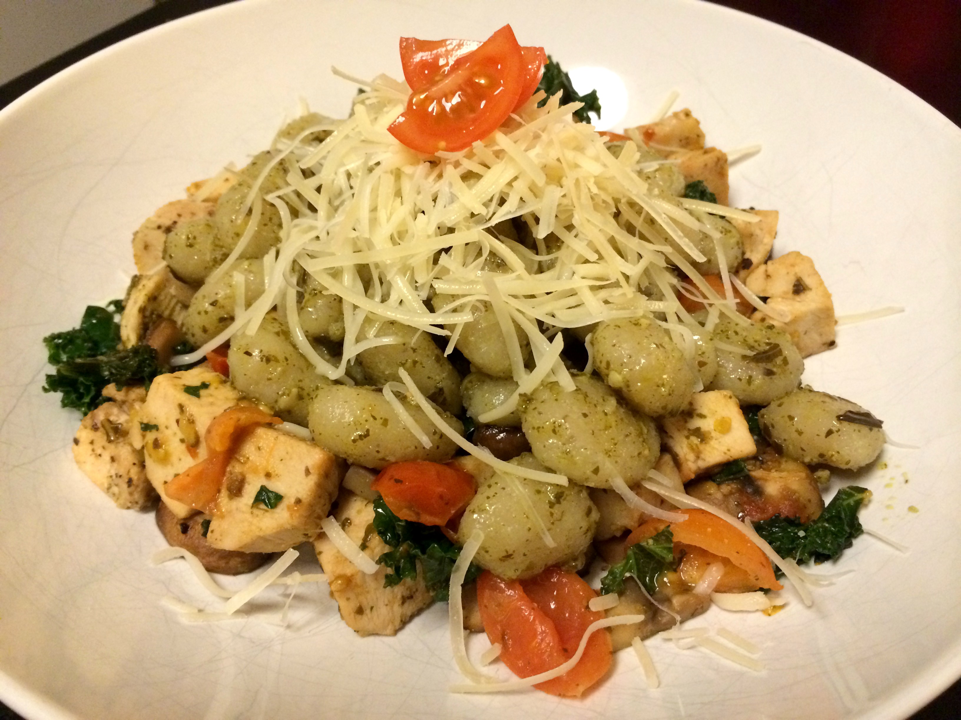 Pesto Gnocchi with Mushrooms and Kale