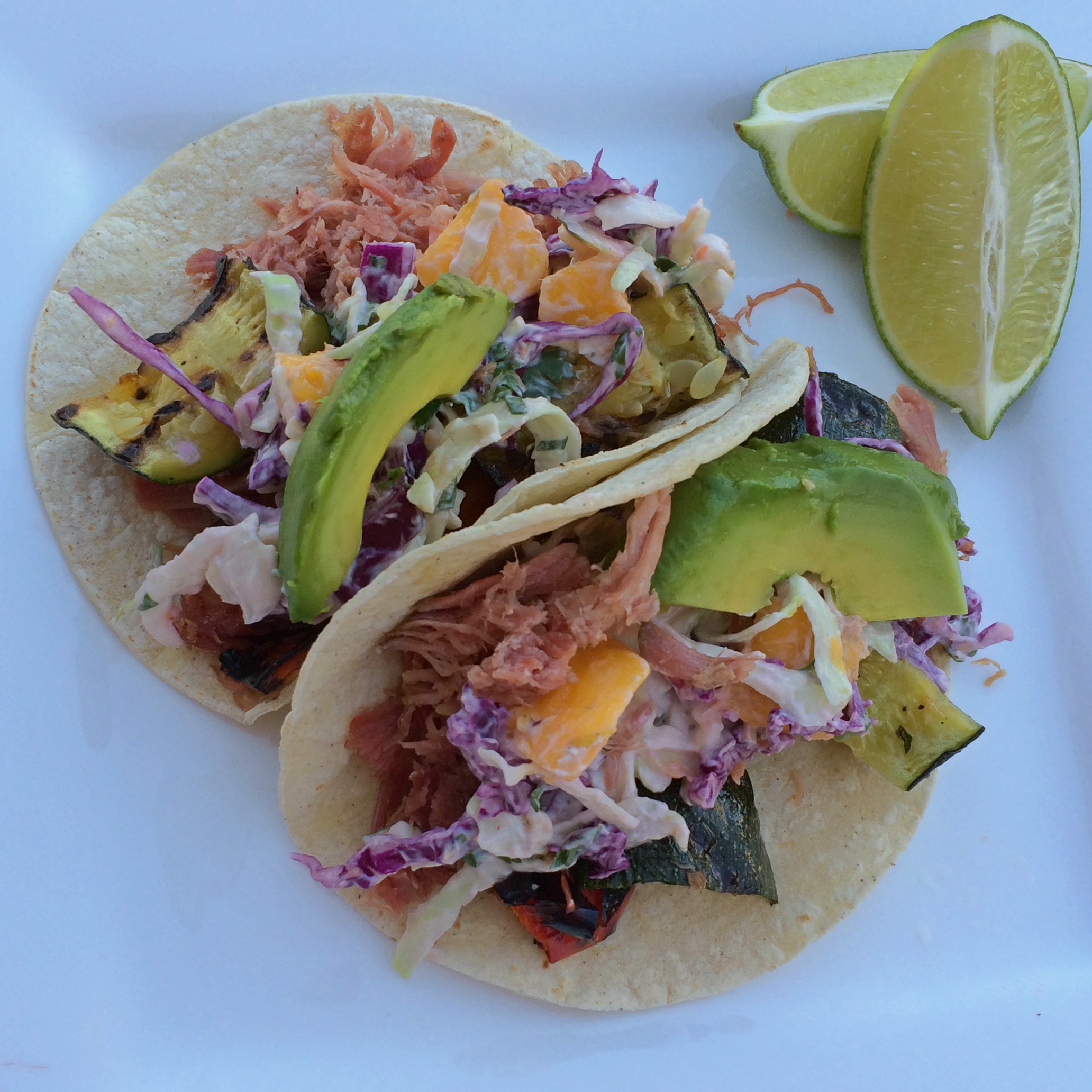Pulled Pork and Veggie Tacos with Spicy Mango Slaw