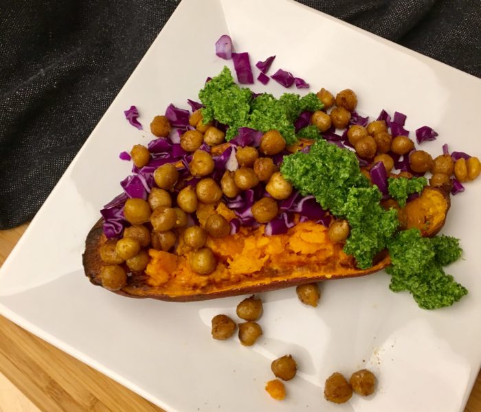 Roasted Sweet Potatoes with Chili Garbanzo Beans and Broccoli Spinach Pesto