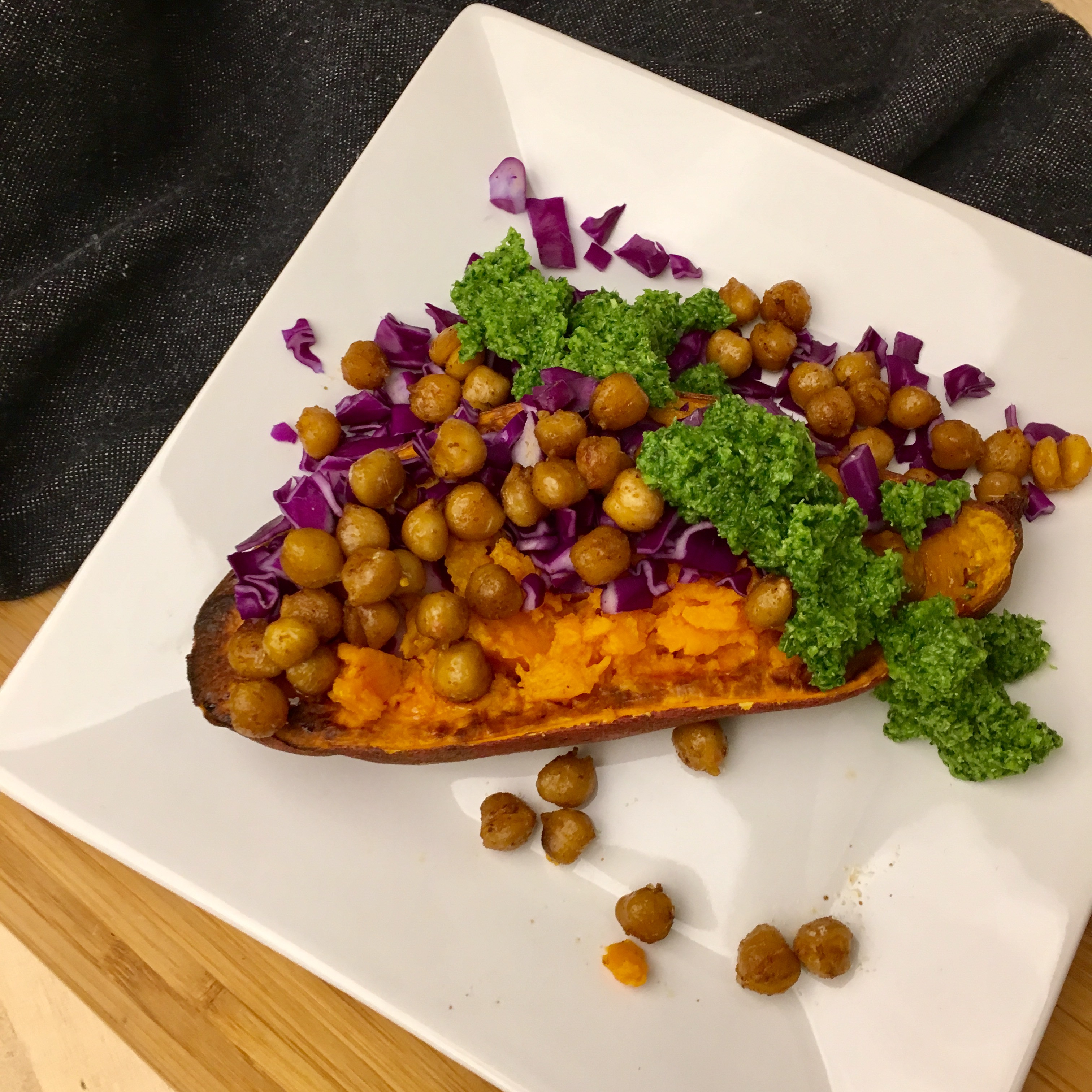 Roasted Sweet Potatoes with Chili Garbanzo Beans and Broccoli Spinach Pesto