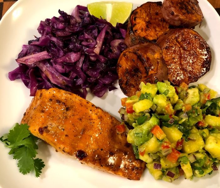 Kevin’s Korean BBQ Salmon & Sweet Potatoes with Pineapple Salsa (paleo)