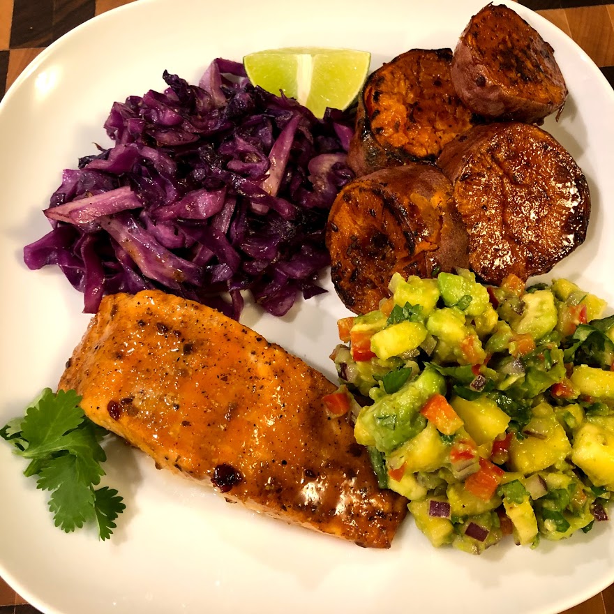 Kevin’s Korean BBQ Salmon & Sweet Potatoes with Pineapple Salsa (paleo)